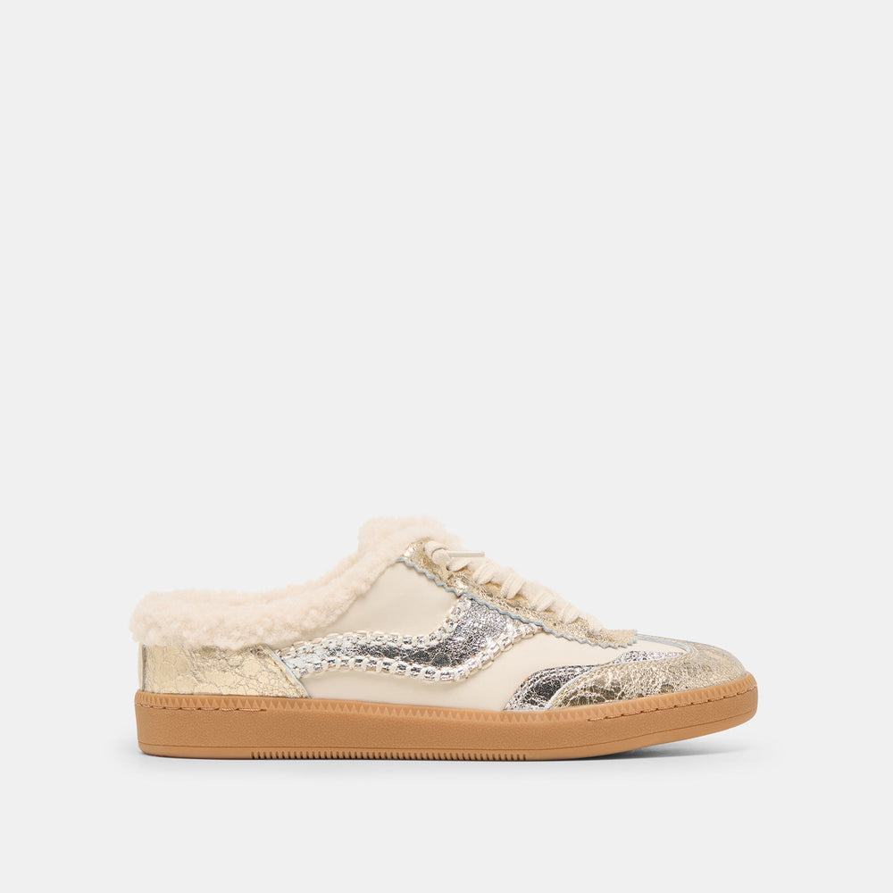 Notice Slide Plush Silver Gold Crackled Leather Sneakers | Women Dolce Vita