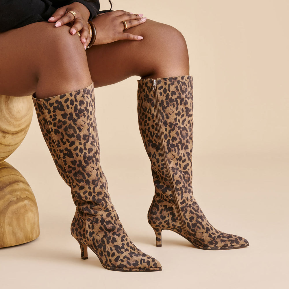 Aldy Brown Leopard Printed Suede Wide Calf Boots | Women Dolce Vita