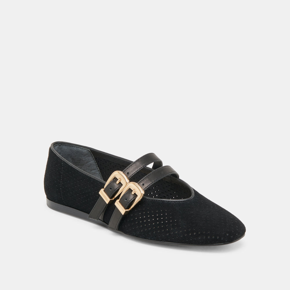 Baylee Wide Onyx Perforated Suede Ballet Flats | Women Dolce Vita