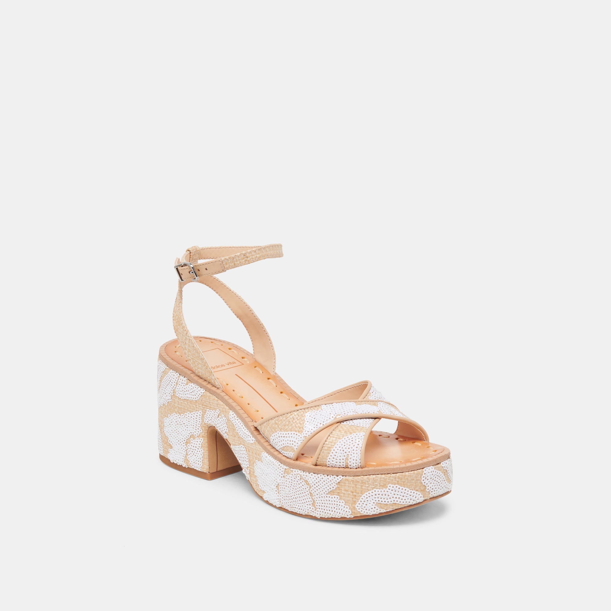ENIKO HEELS NATURAL MULTI FLORAL SEQUIN | Dolce Vita Women