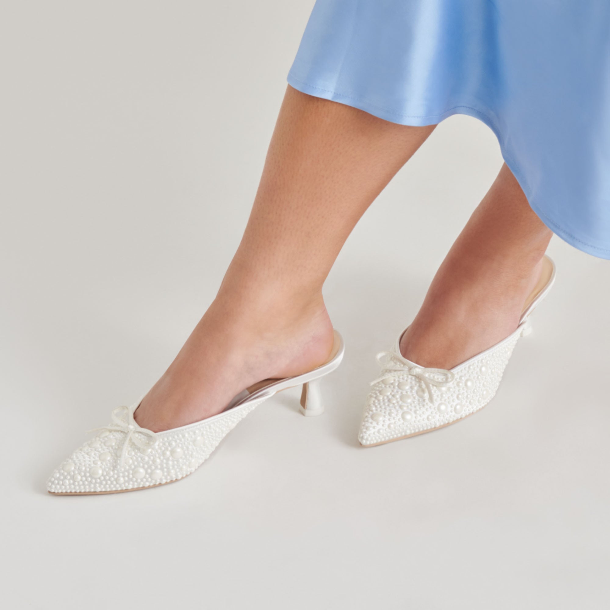 CLAYTN PEARL HEELS TRUE WHITE SATIN | Women Dolce Vita