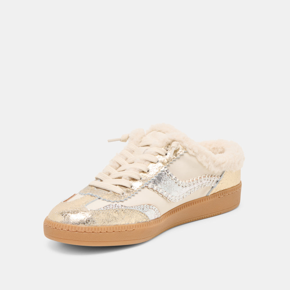 Notice Slide Plush Silver Gold Crackled Leather Sneakers | Women Dolce Vita