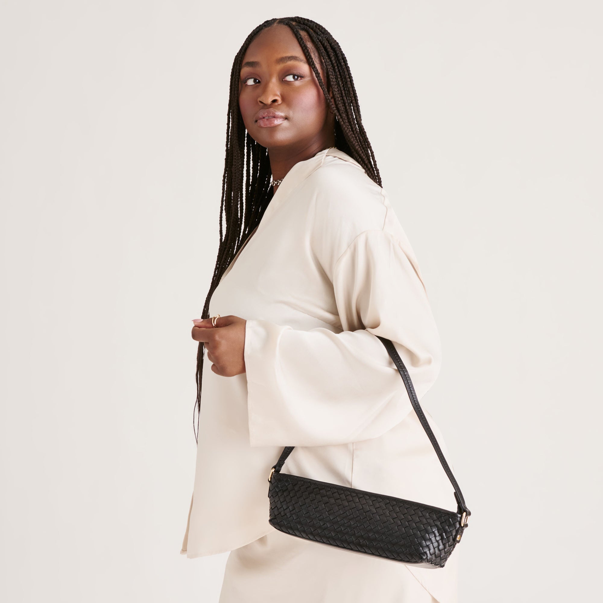 Savaii Black Woven Leather Shoulder Bag | Dolce Vita Women